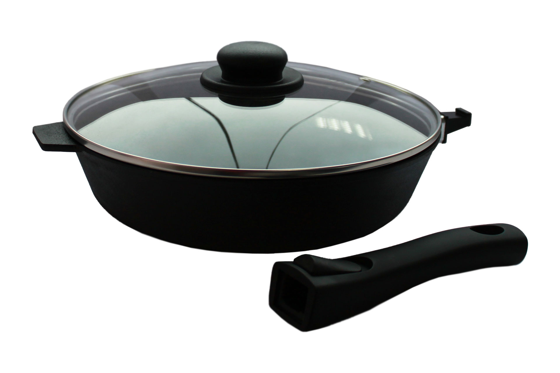 Сковорода литая чугунная 260x60 со съёмной бакелитовой ручкой и стеклянной крышкой от Официального производителя "Камская Посуда"